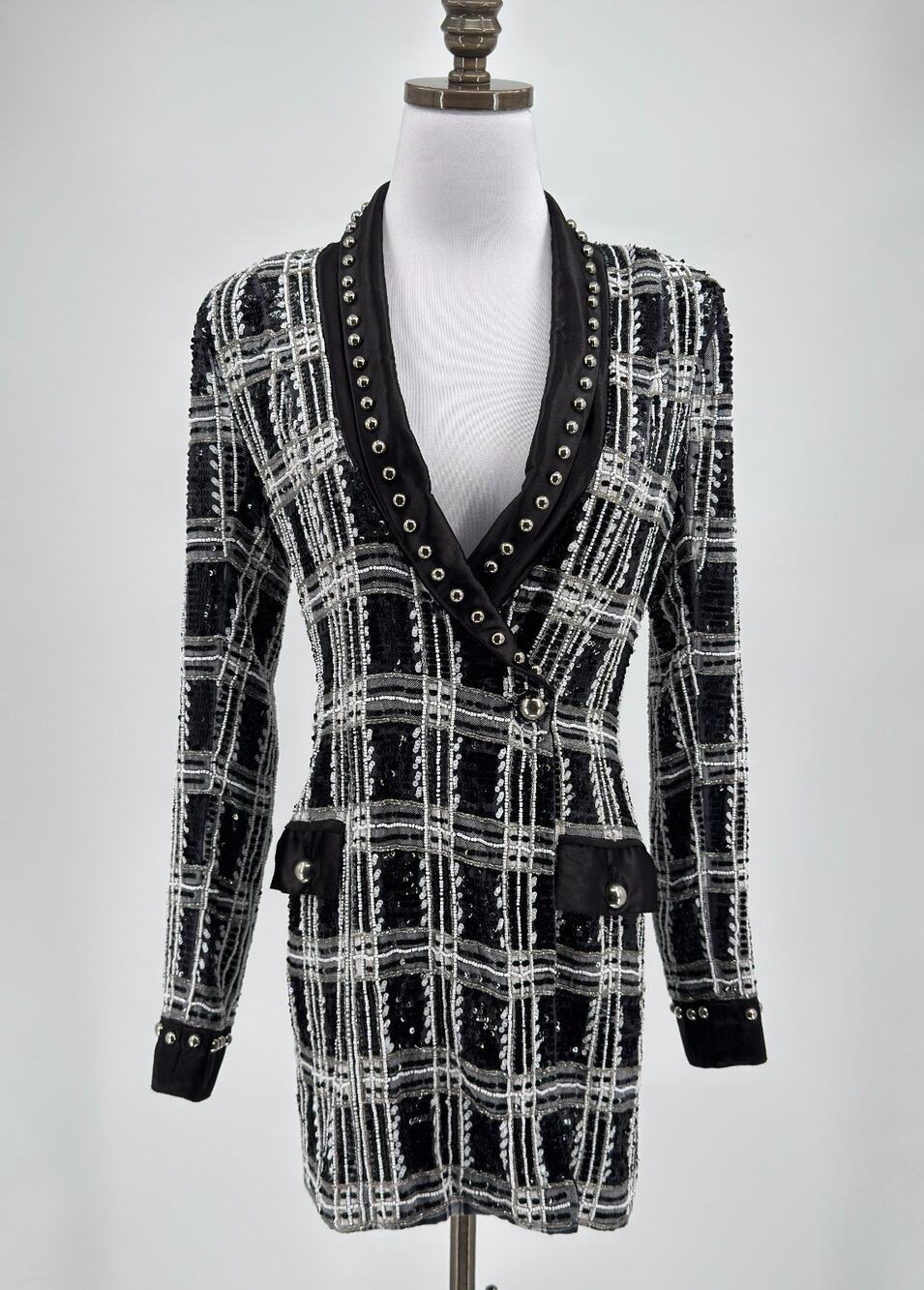 X by NBD Chica Black White Plaid Tweed Sequin V Neck Wrap Blazer Dress Sz S